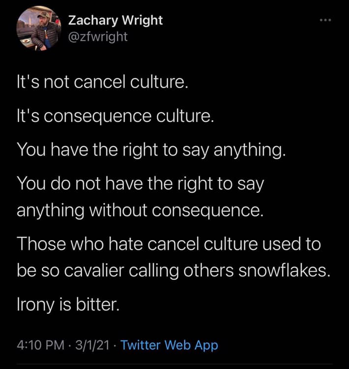 The meme is a humorous critique of the concept of "cancel culture." It starts with a statement that "it's not cancel culture," then lists several statements that are actually about cancel culture, such as "it's consequence culture" and "you have the right to say anything." The final line, "irony is bitter," is a humorous commentary on the absurdity of the situation.